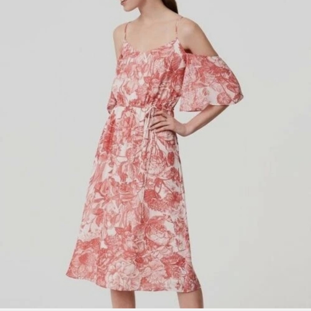 Loft Coral & White Floral Cold Shoulder Dress